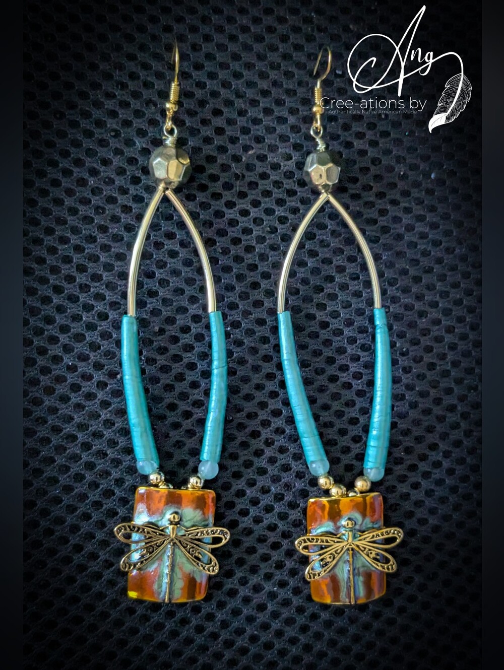 Beautiful Sage Green Dentalium Shell Copper & Gold Color Dragonfly Earrings